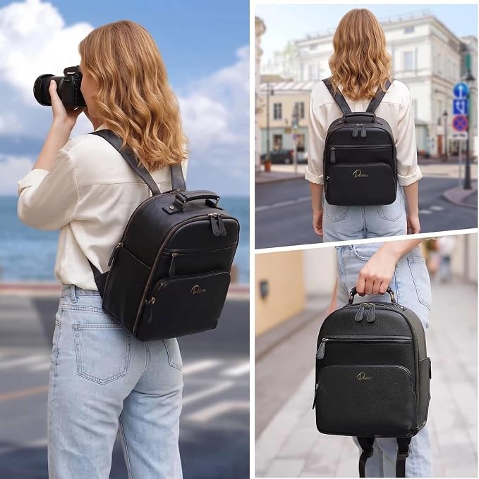 Small Camera Backpack Classic PU Leather for DSLR, Professional Camera Bag for Photographers with 11 Inch Pad/Tablet Compartment Small 10L Black - Image 8