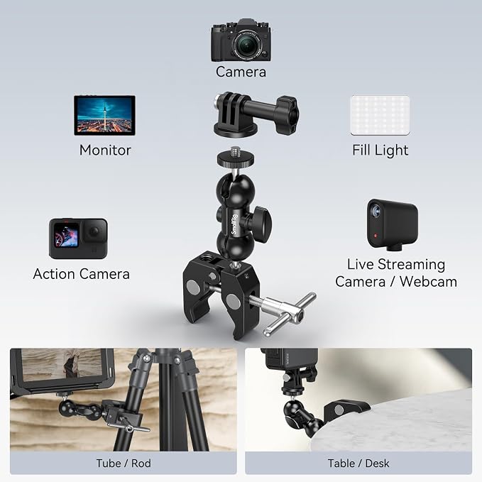 SmallRig Cool Ballhead Arm Super Camera Clamp Mount Double Ball Adapter, Fence Desk Table Mount for Ronin-M for Insta360, for Gopro - 1138 | for Fences/ Desks/ Tripods, for Monitors/ Lights, for Gopro, for Insta360 - Image 3