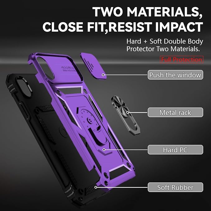 HNHYGETE for iPhone XR Phone Case with HD Screen Protector: [Military Grade 20ft. Drop Tested] Slide Camera Cover Ring Shockproof Protective Phone Case for - iPhone XR (Purple) - Image 5