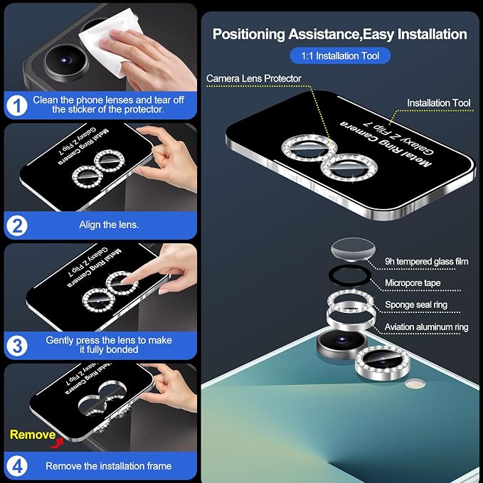 for Samsung Galaxy Z Flip 7 Camera Lens Protector, Individual Metal Ring Tempered Glass Lens Cover, [Strong Adsorption] Scratch Resistant Ultra-Thin HD Clear Lens Cover, 1 Set-Silvery Diamond - Image 6