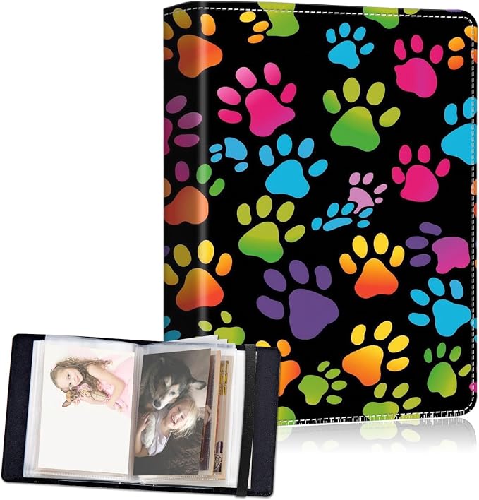 Small Photo Album 5x7, 60 Pockets Holds 120 Photos, Slip-in Pocket Photo Album with Black Elastic Band for Family Wedding Baby Travel Pictures, Colorful Paw Prints by Unknown