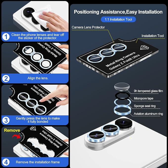 for Samsung Galaxy Z Fold 8 Ultra Camera Lens Protector, Individual Metal Ring Tempered Glass Lens Cover, [Strong Adsorption] Scratch Resistant Ultra-Thin HD Clear Lens Cover, 1 Set-Blue - Image 7