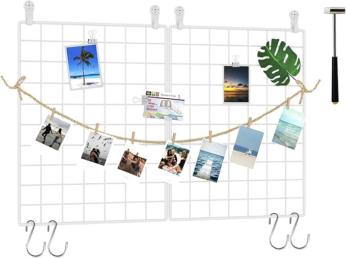 C&AHOME Photo Wall Display Set of 2, Wall Grid Panel, 15.7" x 11.8", White | Photo Display Shelves, Wall Storagae Organizer, Hooks, Clips, Hemp Cord, Hammer by CAHOME