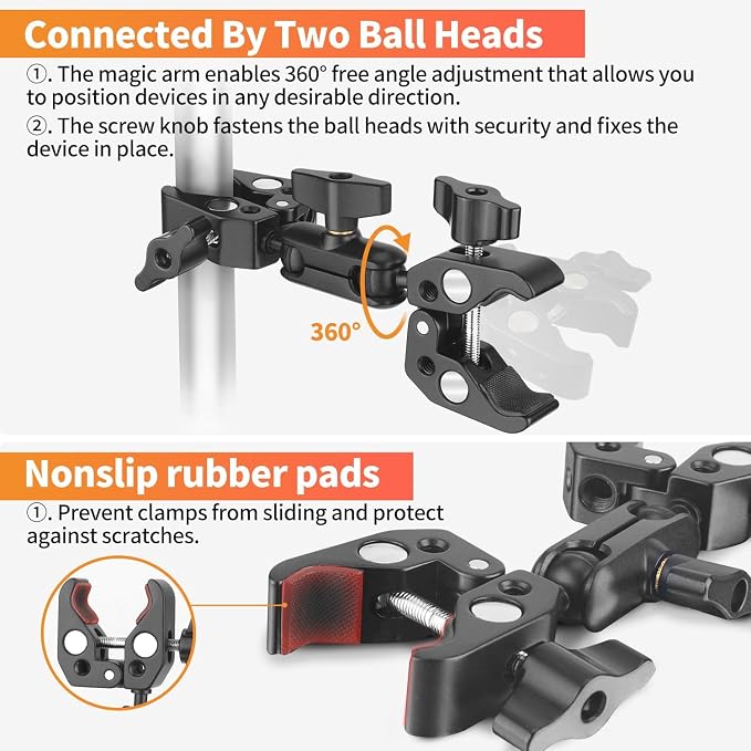 Double Super Clamp Camera Mount, Umbrella Holder w/ 360° Ballhead | Aluminum, silicone pads, grips 0.5-2.3" rods, flat 0-1.97", 1/4" thread, 3" arm, for bike, stroller, light stand, reflector - Image 3