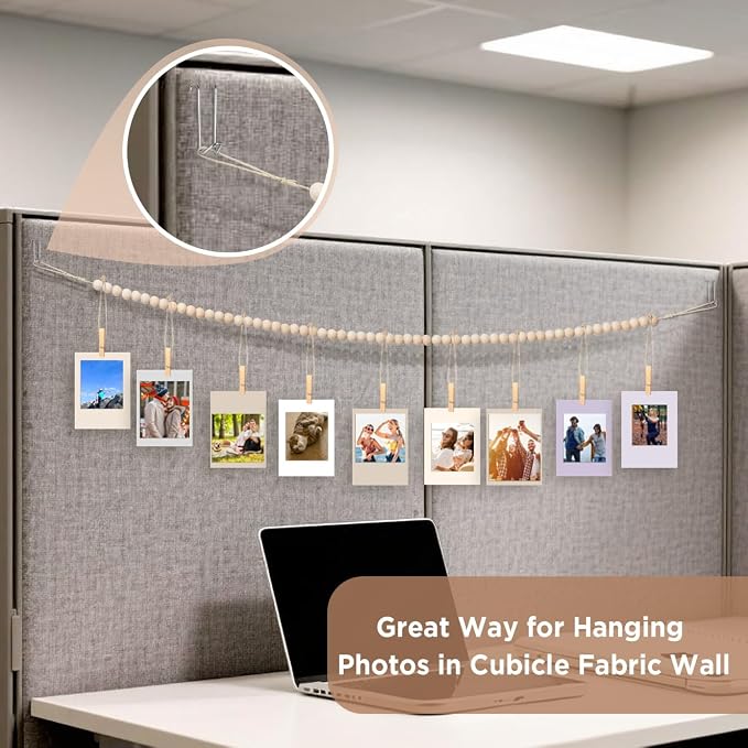 Office Cubicle Hanging Photo Display with Clips, 9 Wood Clips,2 Cubicle Clips for Fabric Wall, Photo Hanger for Boho Office Cubicle Decor, Boho Desk Decor - Image 2