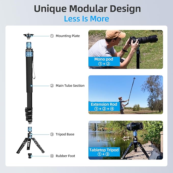 SIRUI AM-404FL Aluminum Camera Monopod with Feet, Removable Base | 74.8" Height, 26.4LB Load, 360° Panning, 4-Section, Canon, Nikon, Sony, DSLR, Mirrorless Camera - Image 4