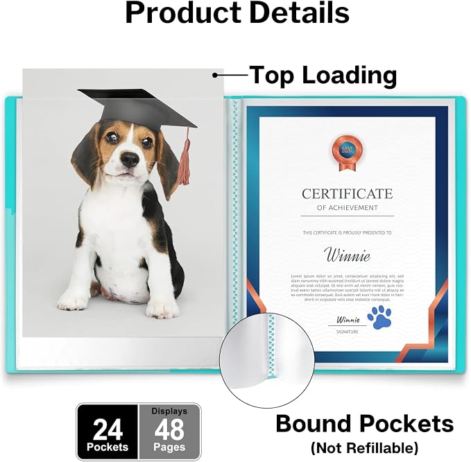 Dunwell 11x14 Art Portfolio Binder, 24 Pockets, Acid-Free, Aqua | Clear Plastic Sleeves, Presentation Book, For Documents, Certificates & School Artwork - Image 3