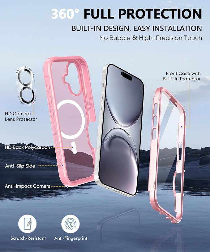 Magnetic for iPhone 16 Case Built-in Screen Protector, Pink | with Camera Lens Protector, [Compatible with MagSafe] Full Body Phone Case, Protective Cover for iPhone 16 6.1" - Image 6