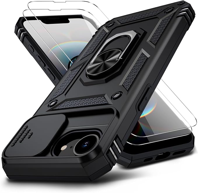 for iPhone 17e Case & iPhone 16e Case with 2X HD Screen Protector & Slide Camera Cover & Rotated Ring Kickstand, Rugged Heavy Duty Protective Phone Case for iPhone 17e/16e 6.1 inch, Black by Muntinfe