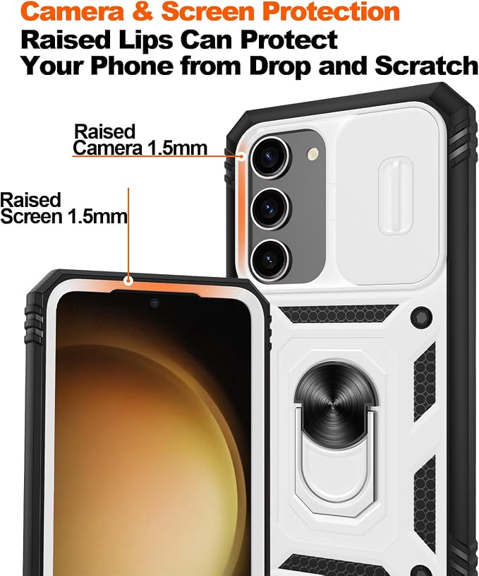 Fit for Samsung Galaxy S23 Plus+ Case with Screen Protector*2, Build in 360° Rotating Ring Kickstand, Military Grade Protective Case for Samsung S23 Plus Phone, White+Black - Image 5