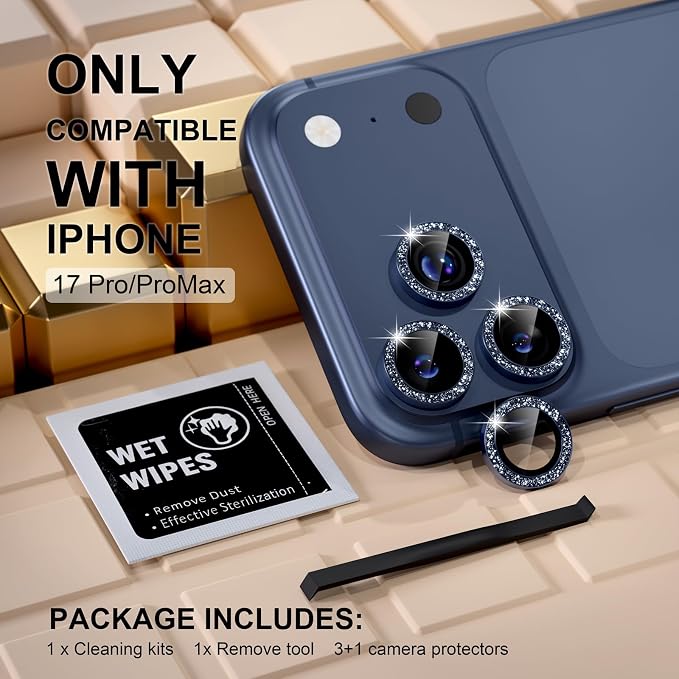 Misea Compatible for iPhone 17 Pro/iPhone 17 Pro Max Camera Lens Protector | 9H Tempered Glass Ultra HD Bling Camera Screen Protector Cover Metal Individual Ring Accessories, Deep Blue Glitter - Image 2