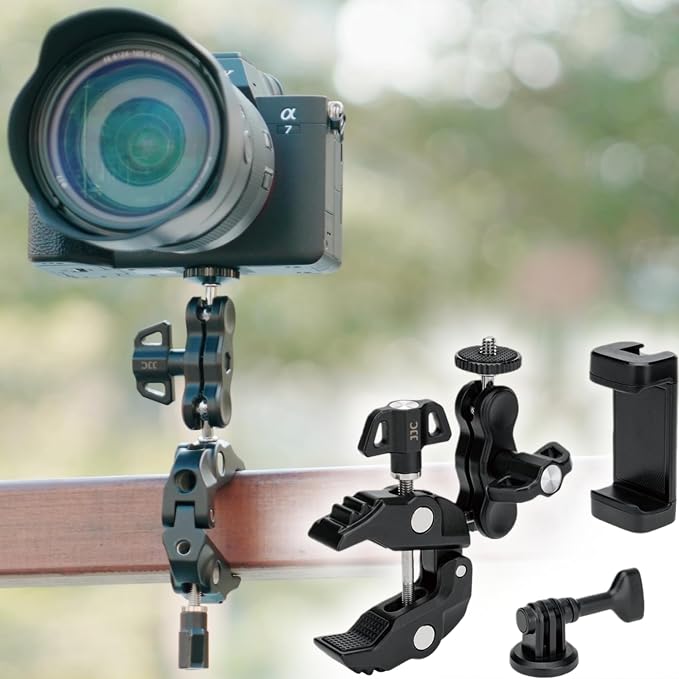 JJC DSLR Super Clamp Camera Mount,Dual Ball Head,w. 1/4"-20 3/8"-16 Thread | Aluminum Pole Mount for Monitor,with Action Camera Mount and Phone Clip,Universal Crab Clamp for Desk Tripod Tube Rod by JJC