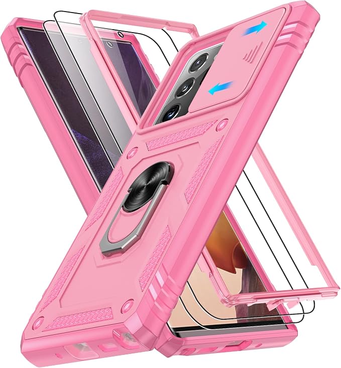 for Samsung Galaxy Note 20 Ultra Case with 2PCS Screen Protector, Build in 360° Rotating Ring Kickstand, Military Grade Protective Cover for Note 20 Ultra Phone, Pink by Gritup