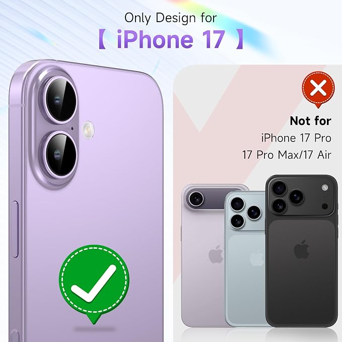 YWXTW Camera Lens Protector for iPhone 17, Individual Anti Scratch Metal Ring Tempered Glass Camera Screen Protector for iPhone 17 Accessories, Case Friendly (Purple) - Image 2