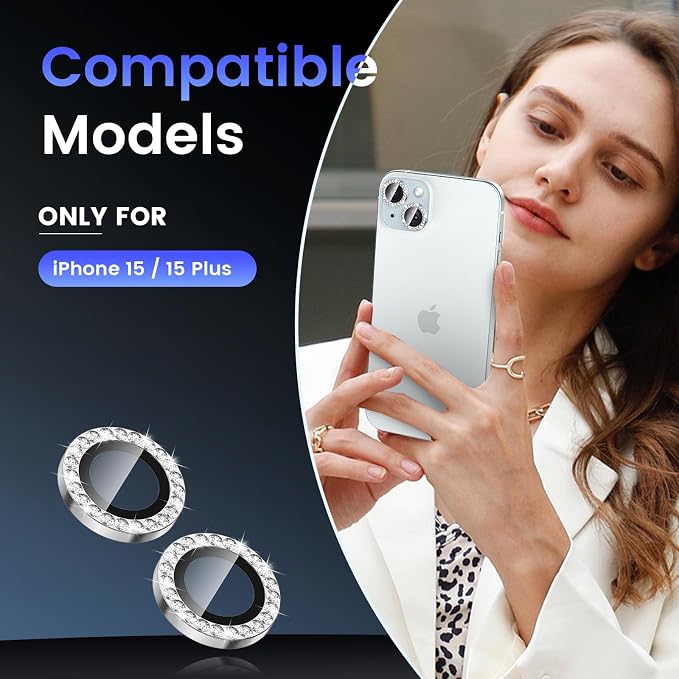 Tensea for iPhone 15/15 Plus Camera Lens Protector Bling, Camera Cover | 9H Tempered Glass Camera Screen Protector, Metal Individual Ring for iPhone15 6.1inch/ 15Plus 6.7inch, HD Clear, Easy Install - Image 2