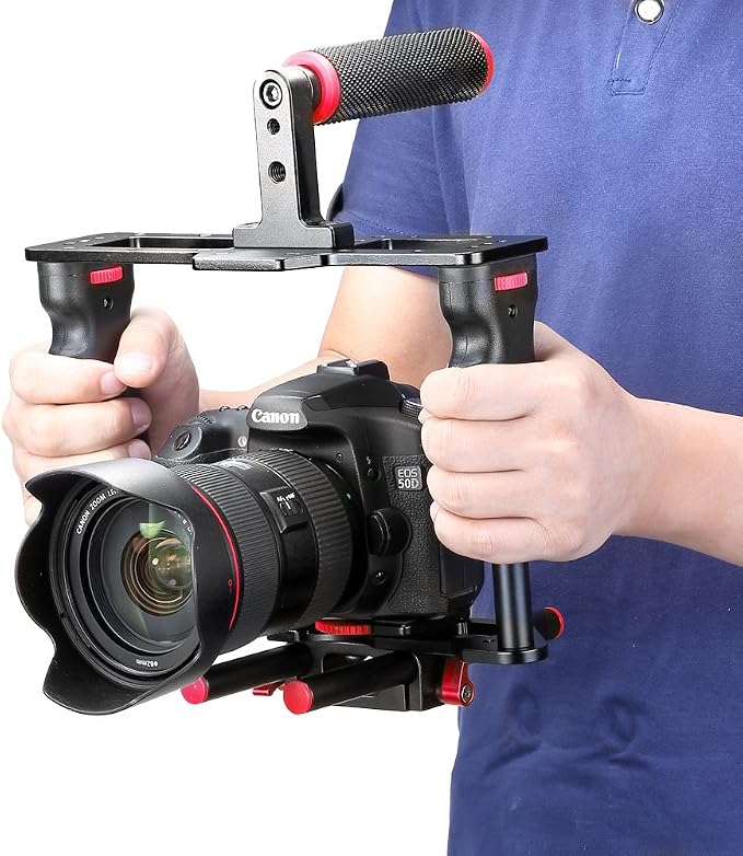 NEEWER Camera Video Cage Film Movie Making Kit, Aluminum Alloy with Top Handle, Dual Hand Grip, Two 15mm Rods, Compatible with Canon Sony Fujifilm Nikon DSLR Camera and Camcorder (Black + Red) - Image 2