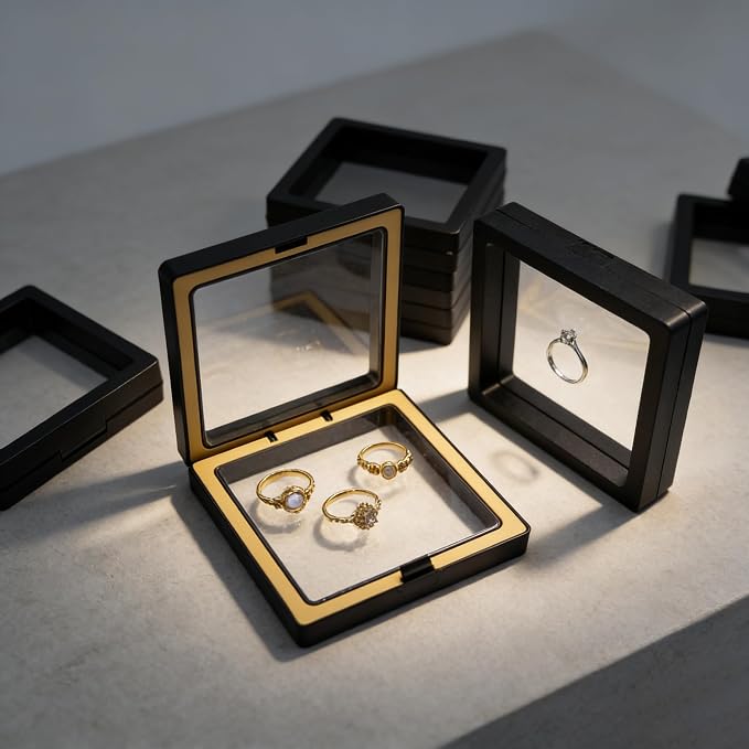 12 PCS Dual-Color Packaging Box 3D Floating Frame Display Stand, Color-Matching Packaging Display Box, Transparent Window Jewelry Case, PE Film Anti-Oxidation Storage Case. (Black+Yellow) - Image 4