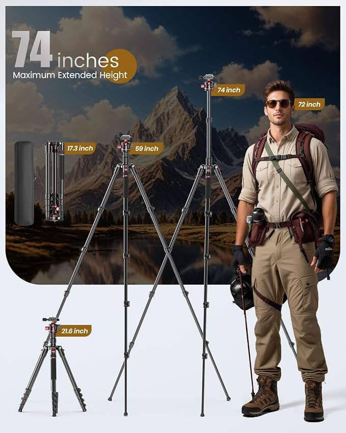 CAMBOFOTO 74" Professional Camera Tripod & Monopod with Carry Bag | Ball Head Aluminum Photography DSLR Tripod, Compatible with Binoculars Laser Telescope (Weight 3 Lbs, 13Lbs Load) - Image 3