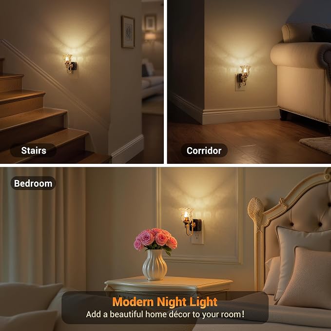 JandCase Night Light, Floral Night Lights Plug into Wall 2 Pack | Glass Flower LED Nightlight, 0-100LM Dimmable Nightlights with Light Sensor, 1W Vintage Nite Light for Bathroom Gift Vanity - Image 5