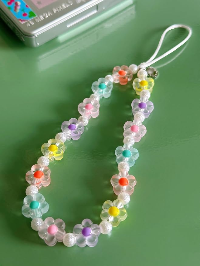 Drawwind Phone Charm Beaded Wristlet Strap Universal Cell Phone Lanyard Cute Bracelet Wrist Strap Beaded Chain String Handmade Accessories for Case Camera Bags (Flower Power) - Image 2