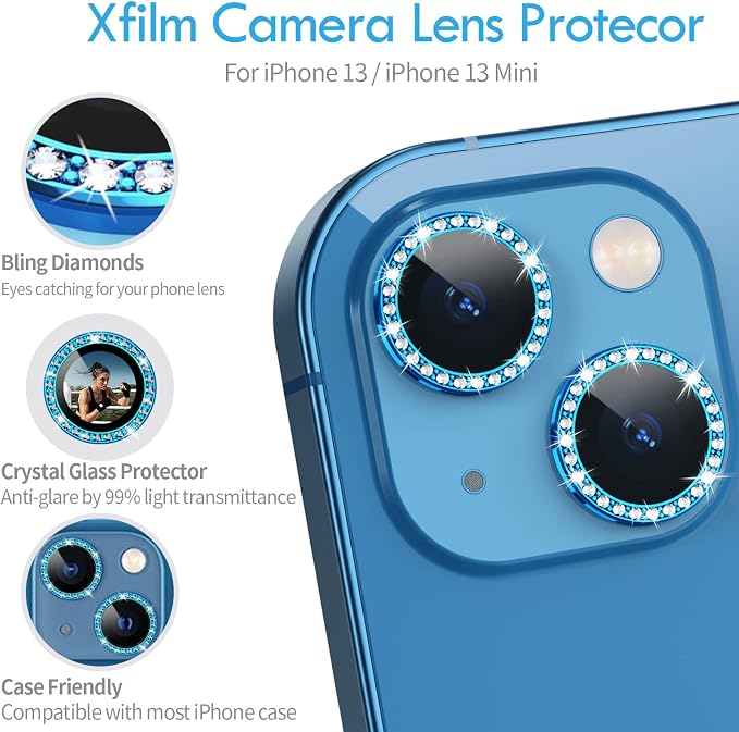 for iPhone 13/13 Mini Camera Lens Protector Bling Diamond, Blue | Individual Metal, 9H Hardness, Scratch Resistant, Shockproof, Drop Protection, Case Friendly, Stylish Accessories - Image 5