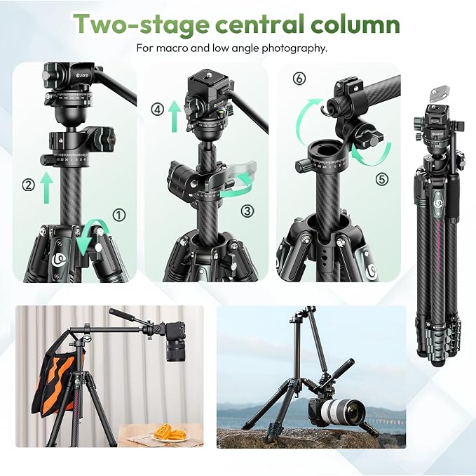 ULANZI JJ06 GlideGo Carbon Fiber Video Tripod, 73.6in, 11lb Load | Dual 360° Pan Head, Portable Lightweight Pro Carbon Fiber, UKA Quick Release, Professional Travel Tripod, with Bag - Image 2