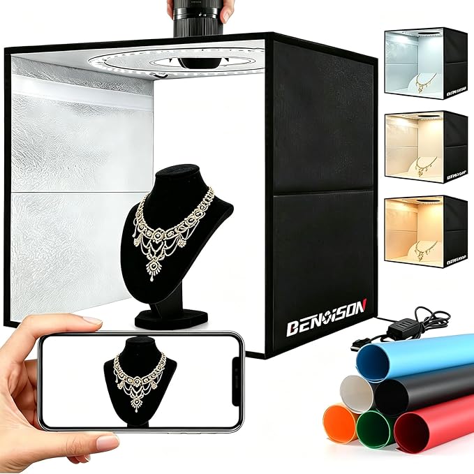 BENOISON Light Box Photography 16"x16" Portable Shooting Tent with 120 LEDs & 6 Backdrops for Jewelry Watches Cosmetics Food Photography by BENOISON