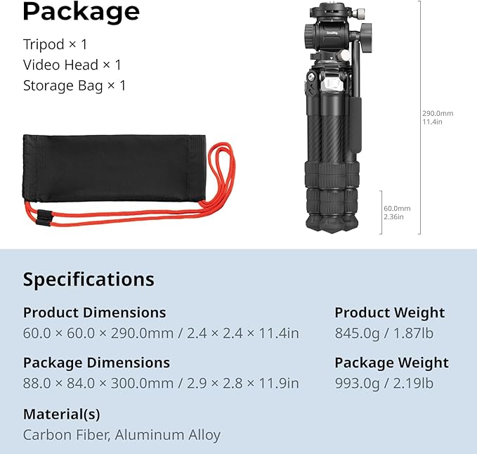 SmallRig Carbon Fiber Tabletop Tripod Kit - 5025 | 17" Mini Desktop Tripod with Fluid Video Head, Built-in QR Plate for Arca, Holds Up to 3kg/6.6lb, Compact for Travel - Image 7