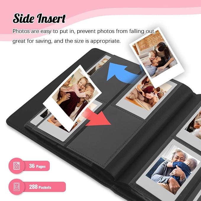 Veicevol 288-Pocket 2x3 Photo Album for Instax Mini and Polaroid, Black | PU Leather Cover Keeps, Fits Instax Mini and Polaroid 2x3 Photos, Protects Travel, Wedding and Family Memories - Image 2