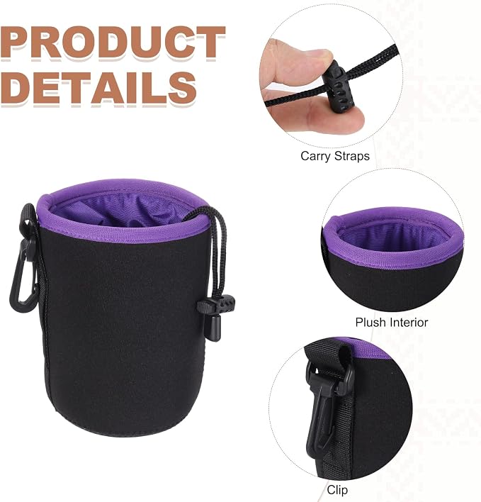 PATIKIL 2 Pcs Camera Lens Pouch, 4" ID x 6" H Drawstring Orange Interior Lens Pouch Protective Camera Lens Case Bag Soft Plush Neoprene Bag for DSLR Photography Gear, Black/Purple - Image 3