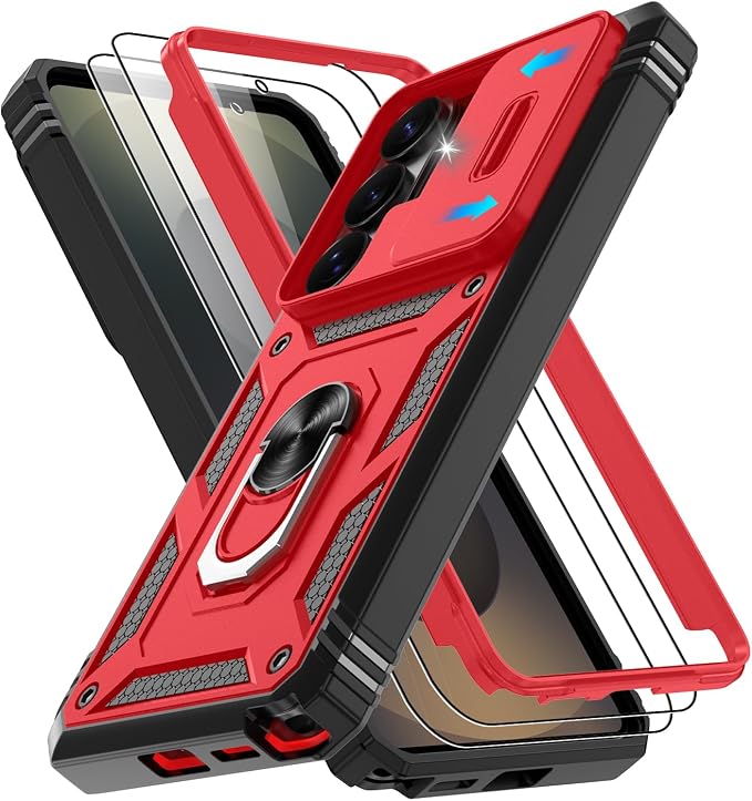 Gritup for Samsung Galaxy S26 Ultra Case: 2*Screen Protector | Slide Camera Cover | Build in 360° Rotating Ring Kickstand | Military Grade Protective Cover for Samsung S 26 Ultra, Red+Black by Gritup