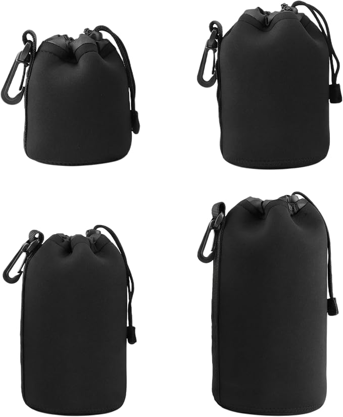 Camera Lens Bag, 4 Pack Protective Neoprene Lens Pouch with Drawstring & Carabiner, Lens Case for DSLR Camera Lens(S/M/L/XL) (S M L XL) by Unknown