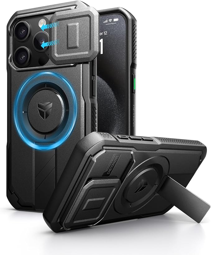 Dexnor for iPhone 15 Pro Case with Slide Camera Cover & Adjustable Kickstand, Compatible with MagSafe, Rugged Shockproof Bumper Cases Heavy-Duty Magnetic Protective Cover,6.1 inch,Black by Dexnor