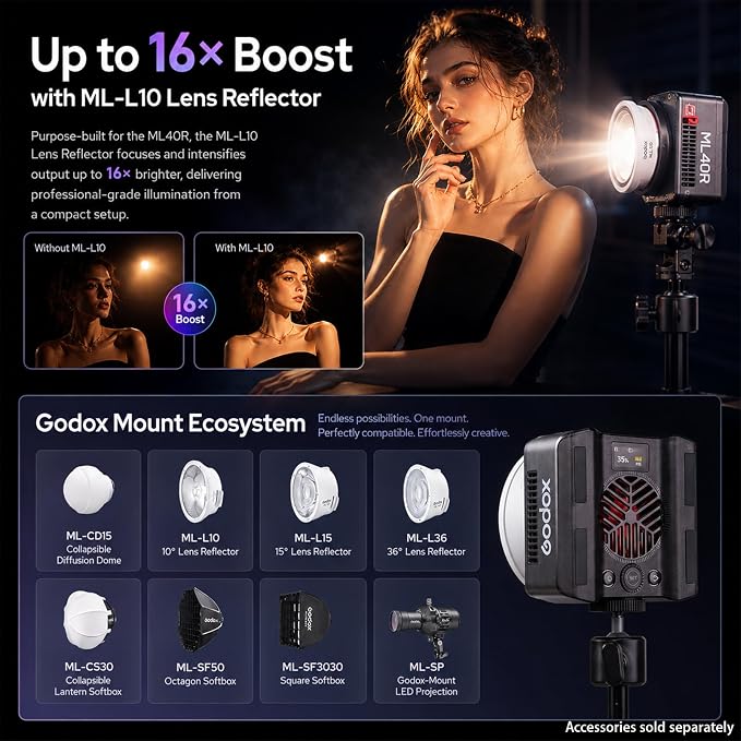 Godox ML40R RGB LED Video Light, Portable COB Photography Light with Built-in Battery, 1800K-10000K Full Color, 14 FX Effects, App Control, Magnetic Mount, ML-L10 Reflector for Vlog Live Streaming - Image 8