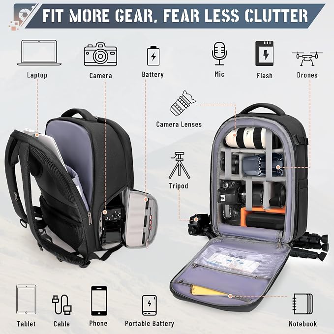 RAINSMORE Camera Backpack Hard Shell for DSLR/SLR Waterproof Camera Bag with Laptop Compartment 15.6 Inch Professional Camera Case with Rain Cover Photography Backpack Bag with Camera Lens Case Black - Image 2
