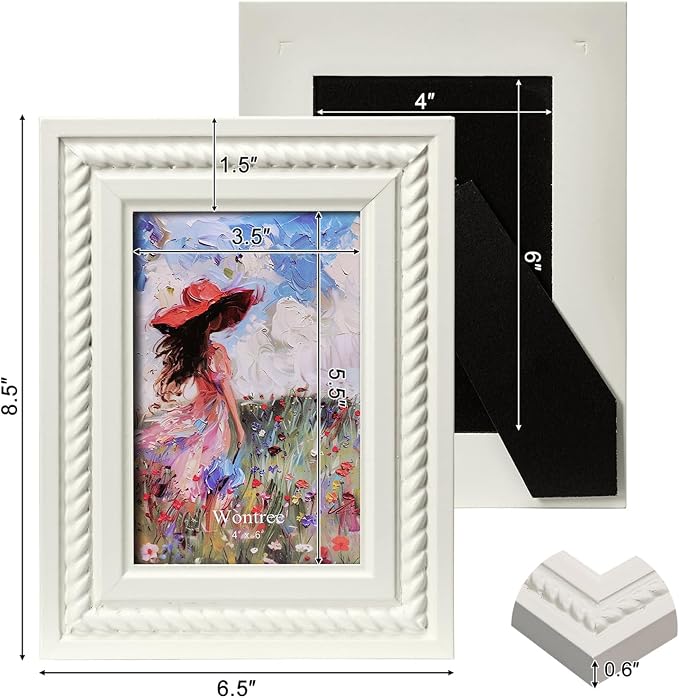 4x6 Picture Frame in Gray with Classic Rope Trim, Solid Wood with Real Glass, Vertical and Horizontal Desk Tabletop or Wall Hanging - Image 3