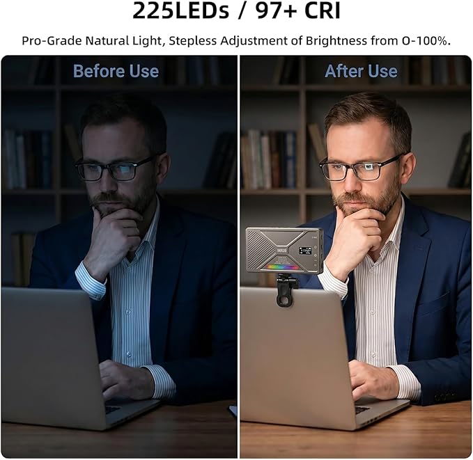 225 LED Portable Selfie Light, Video Conference Light, 4000mAh Rechargeable, App Control, Tripod, Metal Hot Shoe, Clip, CRI 97+, 24 Light Modes for Phone, Camera, Live Streaming, Makeup, Photography - Image 5
