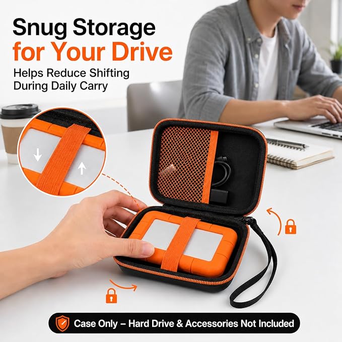 ALKOO Case for LaCie Rugged Mini 1TB/2TB/4TB/5TB External Hard Drive | Portable HDD Holder, Cable Pocket, SD Card Storage, for Photographers, Creators, Students, Office, Travel, Case Only, Sun - Image 4