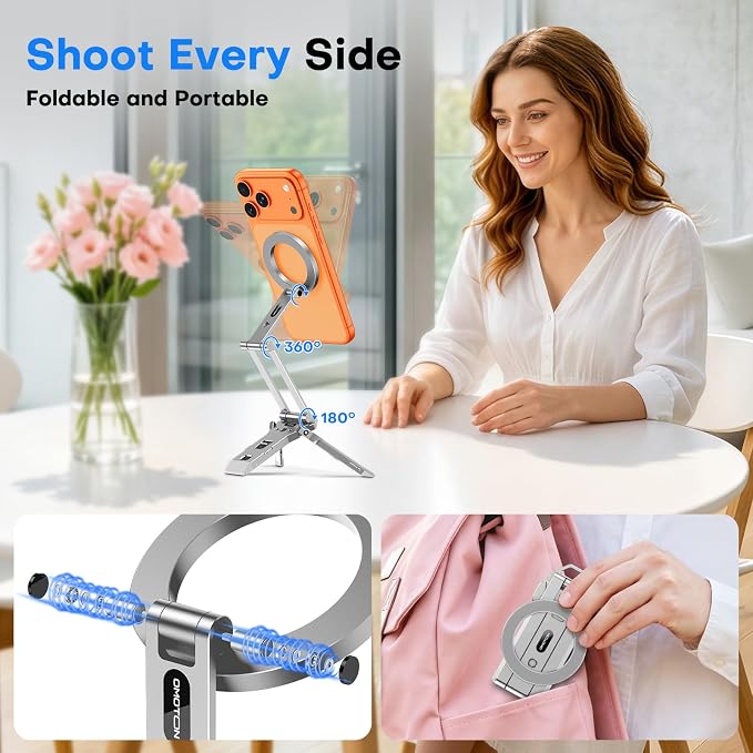 OMOTON TP06-E [3-Adjust] Sturdy Magnetic Phone Tripod for iPhone 17, Sliver | Aluminium Phone Stand for MagSafe with Hook 1/4" Screw& Arca, Travel Essentials Gift for Vlog, Creators, Live - Image 7