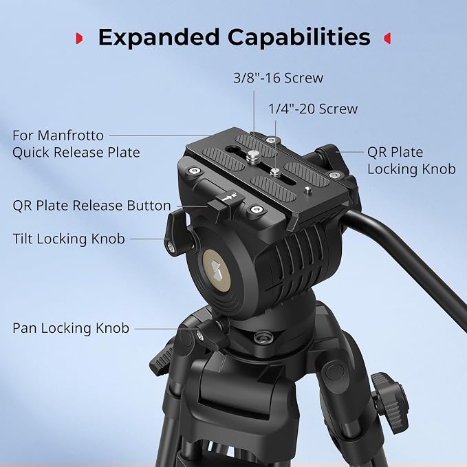 SMALLRIG 73''/186cm Heavy Duty Aluminum Alloy Video Tripod, Max Load 8kg (18lbs), Fluid Head with +85° to -78 Tilt Range, Compact Travel Tripod Weight 3.1kg(6.8lbs), Folded Height 88cm, AD-14 - Image 8