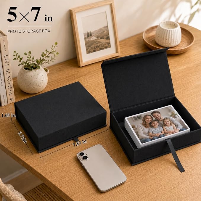 Vienrose Small Photo Storage Box, 5"x7", Linen Postcard Keeper, Black | 1Pc Sturdy Linen Cover Box for Photos, Postcards & Sticker Storage, Perfect for Home, Office, Craft Room, and Travel - Image 2