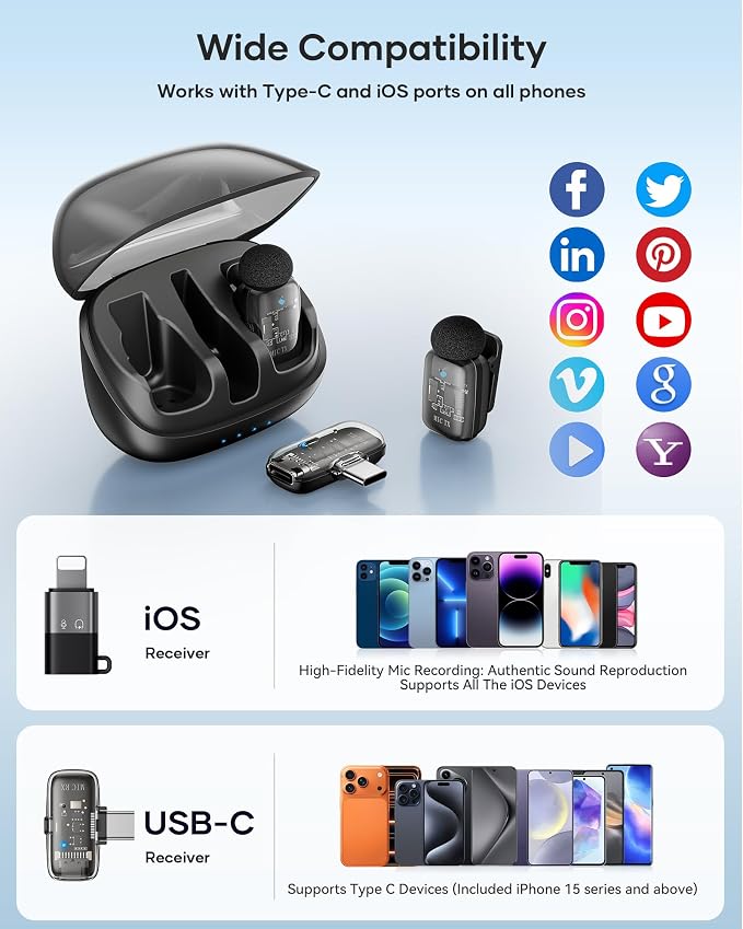 Mini 2 Wireless Lavalier Microphones for iPhone 15/16/17 & Android, 3-Level Noise Reduction, Plug & Play, 36H Battery with Charging Case, Wireless Lapel Mic for Video Recording, Vlogging - Image 8