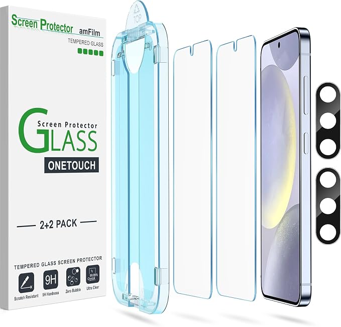 amFilm OneTouch for Samsung Galaxy S24+ Plus Screen Protector TemperedGlass | Auto-Alignment 30s Install with Camera Lens Protector, Bubble Free, Case Friendly, Anti-Scratch [2+2 Pack] (S24P-6.7'') by amFilm