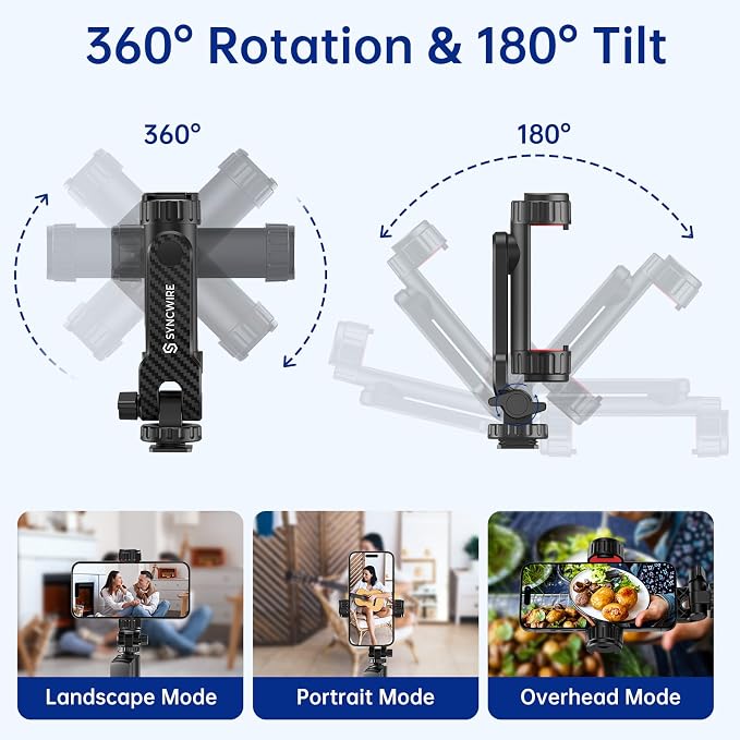 SYNCWIRE Tripod Phone Mount, Universal Smartphone Mount Adapter with 2 Cold Shoe and 1/4" Screw, 360° Rotates and 180° Tilts Adjustable Cell Phone Clamp Holder for Enhancing Mobile Photography Setup - Image 4