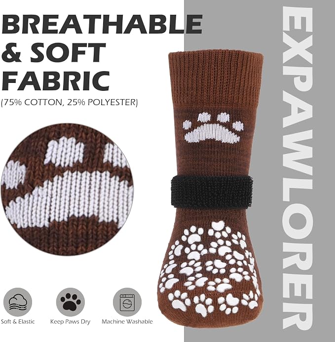 EXPAWLORER Anti Slip Dog Socks to Prevent Licking Paws, Dog Shoes for Hot Pavement, Dog Booties for Small Medium Large Senior Dogs, Traction Control Boots & Paw Protectors for Hardwood Floors Coffee - Image 4