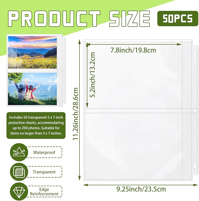 VOKOY 50 Pack 5" x 7" Clear Photo Sleeves for 3 Ring Binder, Double Sided 2-Pocket Sheet Protectors Archival Photo Album Postcard Refill Pages Storage Pockets Organizer, 200 Pockets - Image 2