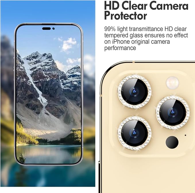 for iPhone 14 Pro/14 Pro Max Camera Lens Protector Diamond, Gold | Individual Metal, 9H Hardness, Scratch Resistant, Shockproof, Drop Protection, Case Friendly, Stylish Accessories - Image 4