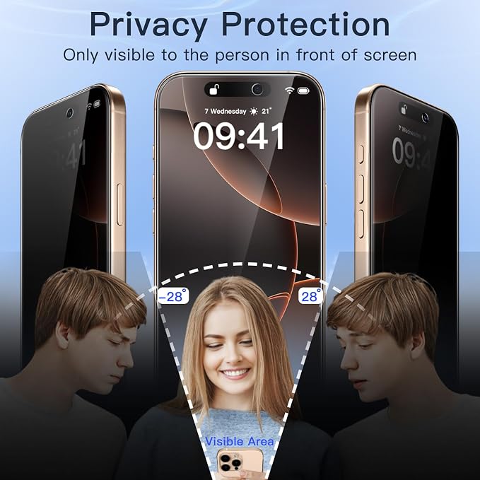 JETech Privacy Screen Protector for iPhone 16 Pro Max, 2+2 Pack | Anti-Spy Tempered Glass, with Camera Lens Protector, Easy Installation Tool - Image 3