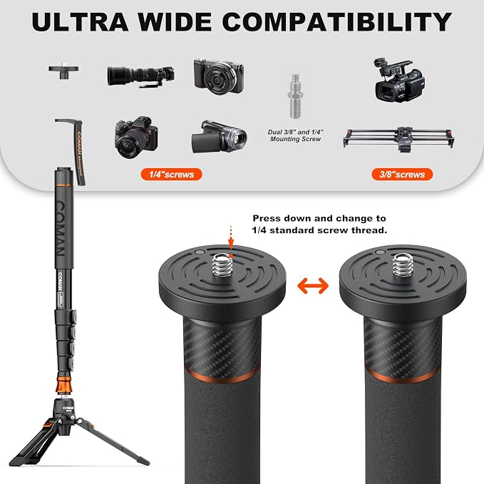 Professional Camera Monopod with Feet, 73.2 inch Aluminum Portable Travel Video Monopod with Removable Tripod Stand Base, Max Load 22 Lbs, New Q6 Fluid Head for DJI RS4 Manfrotto, KX3232Q6 - Image 6