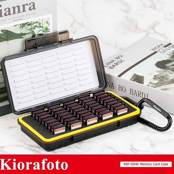 Kiorafoto 40 Slot SD Card Holder for Camera Memory Cards PSV Switch Cards | Large Capacity,Water-Resistant Memory Card Case,for 40 SD SDHC SDXC Cfexpress TypeA PS Vita Switch Cards,w Labels & Carabiner - Image 9
